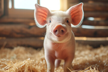 A cheerful pink piglet with large ears stands in a barn filled with straw, basking in the warm sunlight.