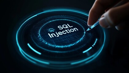 Cybersecurity Threats Hand Interacting with Holographic Interface Displaying SQL Injection Alert.