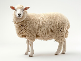 Fototapeta premium A fluffy white sheep standing gracefully against a neutral background, showcasing its soft wool and calm demeanor.