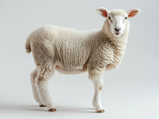 Fototapeta premium A fluffy white lamb posing gracefully, showcasing its soft fleece and curious expression against a minimalistic background.