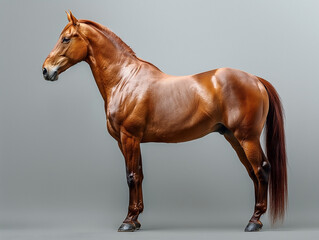 Obraz premium A stunning chestnut horse in profile, showcasing its muscular build and glossy coat against a neutral backdrop.