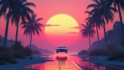 Synthwave sunset with flying car and palm trees, retro future