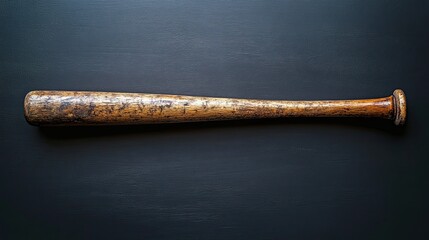 A baseball bat lying horizontally against a dark background. -