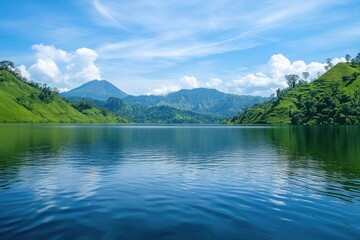 Mountain Landscape with Green Hills and Calm Lake Reflection

