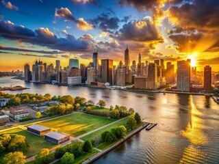 Obraz premium Long Island City NYC Skyline Panorama: Stunning River & Cityscape View at Sunset