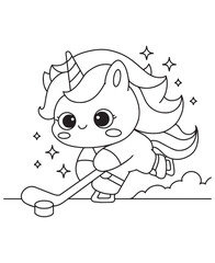 Fototapeta premium Coloring book unicorn playing hockey, with a stick and puck, surrounded by sparkles. Fun line art for coloring