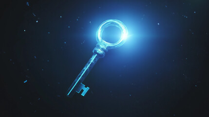 Abstract blue digital key symbolizing decryption technology, cyber security and data protection.