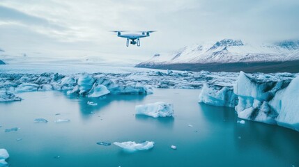 Drone Flying Over Glacial Lagoon with Icebergs and Snowy Mountains