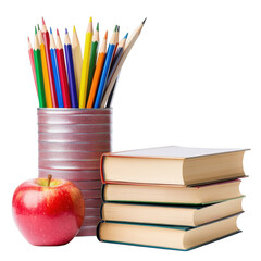 Still life of pencils in a container with books and an apple on a transparent background studio shot