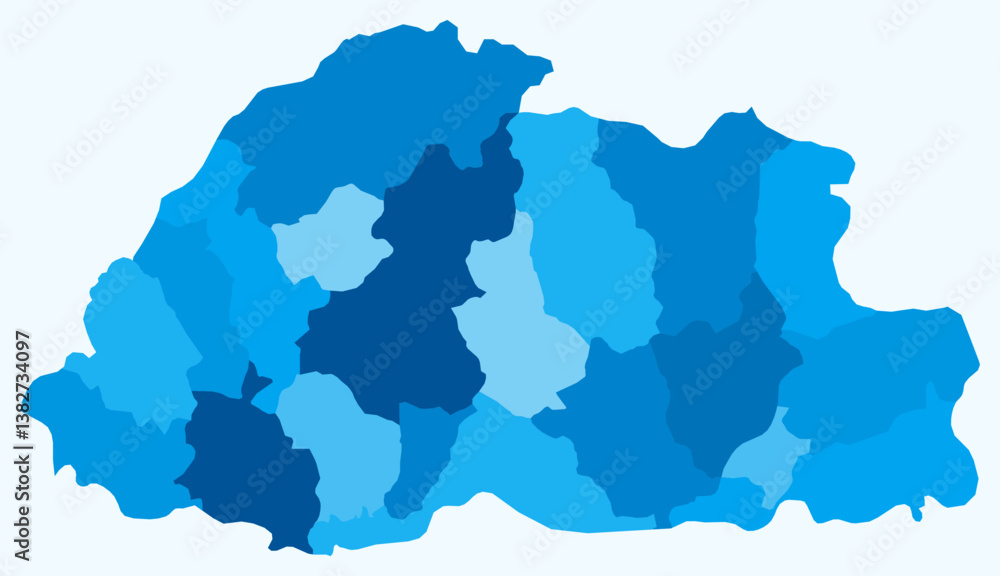Poster map of bhutan with regions. just a simple country border map with region division. light blue color 