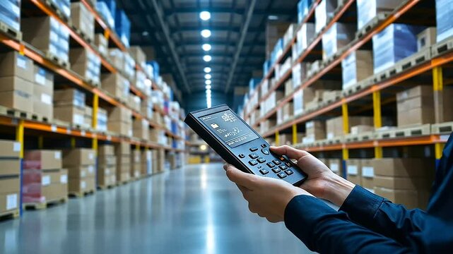In a state-of-the-art logistics warehouse, a smart inventory tracking device and barcode scanner are sharply focused, while the distant, towering shelves full of goods remain blurr
