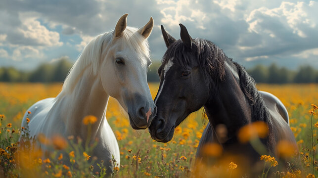 Two beautiful horses, a white stallion and a black mare, nuzzle affectionately in a blooming meadow.