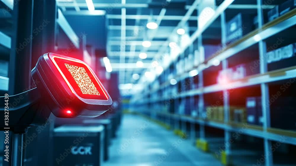Poster a close-up of a high-tech barcode scanner and smart tracking device, with large shelves filled with 