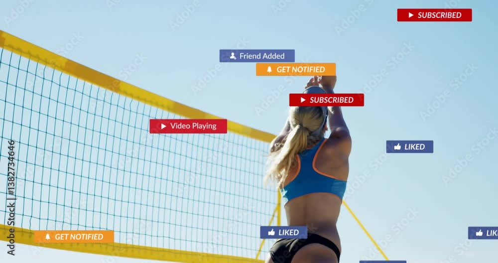Poster jumping volleyball player with animation of social media notifications in background