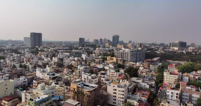 Aerial view of the modern high-rise skyscrapers in Bengaluru, Karnataka, showcasing the city's dynamic skyline. Cityscape highlights Bengaluru's blend of urban development and architectural brilliance