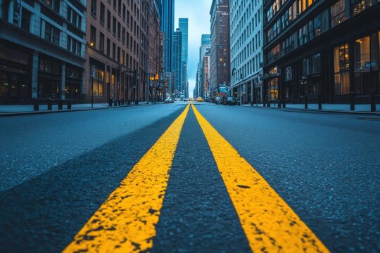 Empty city street with double yellow lines - Powered by Adobe