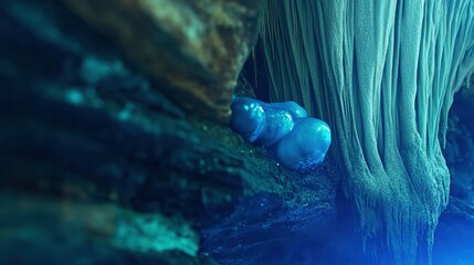 Mysterious blue cave formation with stalactites and glowing rock
