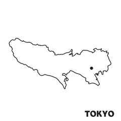 日本の東京都単独の地図イラスト　都道府県別の白地図線画　県庁所在地