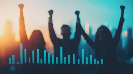 Celebrating Success: Diverse Group of Friends Cheering in Front of a City Skyline with Data Visualization Overlay