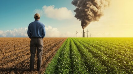 Fototapeta premium Contrast of Agriculture and Pollution in Rural Landscape at Dusk