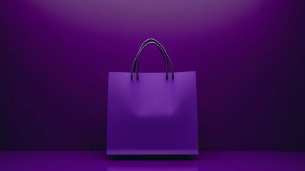 Borsa per lo shopping di colore viola con due manici. È collocata al centro su uno sfondo viola con un'illuminazione che crea un effetto suggestivo.