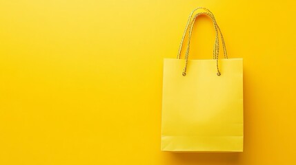 Borsa per la spesa gialla su uno sfondo dello stesso colore. La borsa ha manici di corda. Molto spazio vuoto per testo e immagini