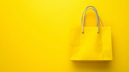 Busta per lo shopping gialla appesa ad una parete dello stesso colore. La borsa ha manici di corda. Molto spazio vuoto per branding.
