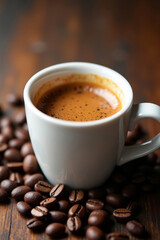 Fototapeta premium Freshly brewed espresso with a rich golden crema in a white ceramic cup, surrounded by aromatic roasted coffee beans