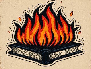 Burning Book Illustration with Flames and Vintage Style Design