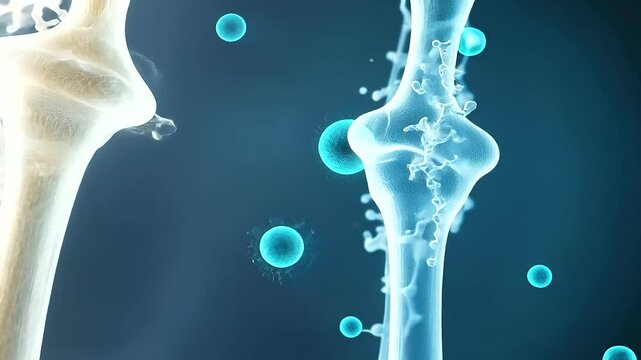 A comparative D model of a healthy vs. cancerous hip bone, showing a stark contrast between the two sides. The cancerous side is deformed, brittle, and covered in abnormal growths
