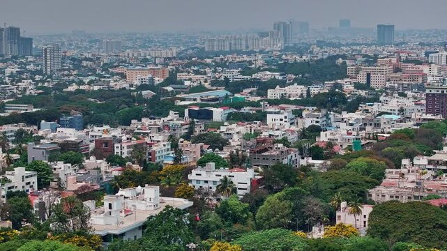 Aerial view of the modern high-rise skyscrapers in Bengaluru, Karnataka, showcasing the city's dynamic skyline. Cityscape highlights Bengaluru's blend of urban development and architectural brilliance