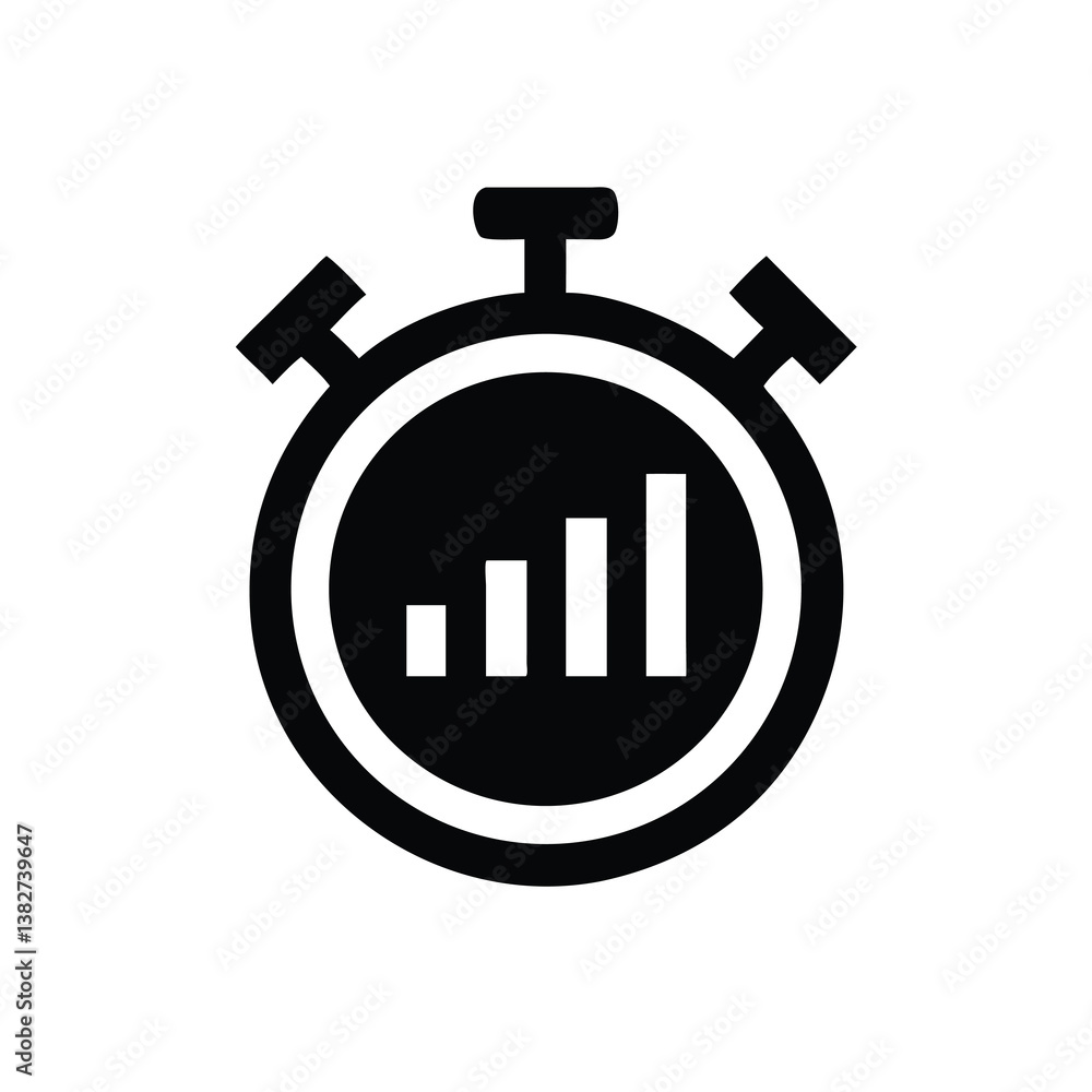 Poster stopwatch with increasing bar graph icon representing efficiency and productivity