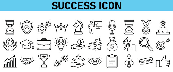 Success line icon set. Contains icons Award, Trophy, Medal, Crown, Winners Podium, Congratulating, Certificate. Vector Icons collection