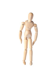 A Wooden dummy stands tall, perfectly balanced like a Poseable figure. This Articulated mannequin and Wooden model captures a stable pose, ideal for artists and creating dynamic sketches.