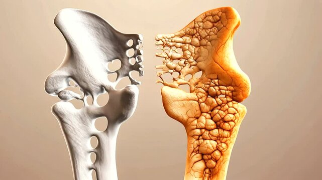A side-by-side comparison of a normal pelvis and a cancer-affected hip bone, showcasing the aggressive changes caused by the tumor. The affected side appears brittle, cracked, and