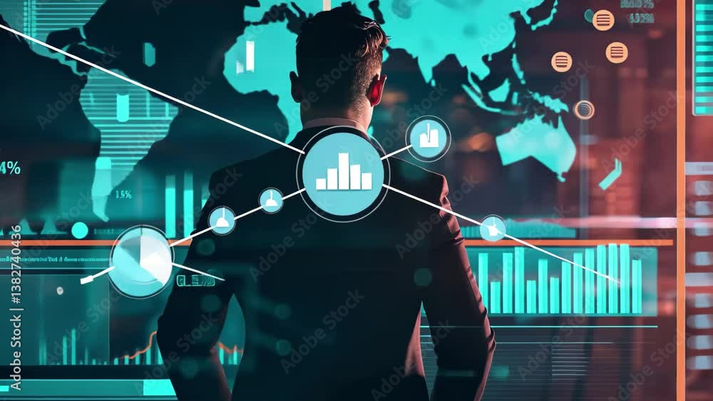 Poster a business professional stands in a modern office, analyzing dynamic global data displays on multipl