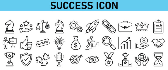 Success line icon set. Contains icons Award, Trophy, Medal, Crown, Winners Podium, Congratulating, Certificate. Vector Icons collection