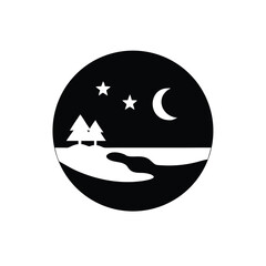 Simple, serene night landscape scene with trees and stars.