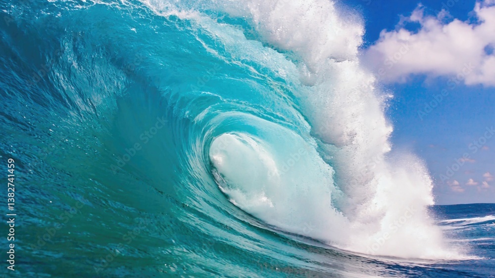 Poster a large wave is crashing into the ocean, creating a powerful and dynamic scene. the water is a deep 