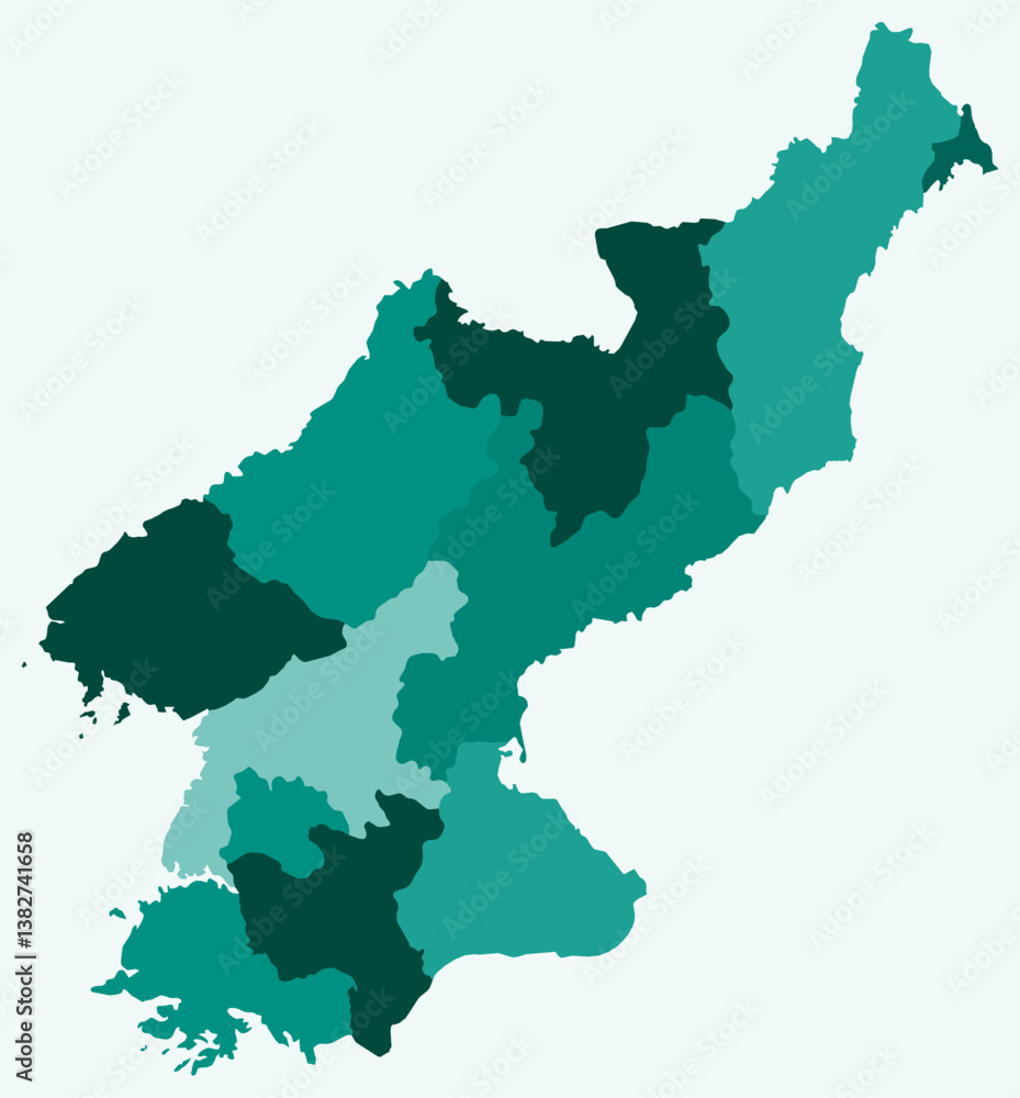 Poster map of dem. rep. korea with regions. just a simple country border map with region division. teal col