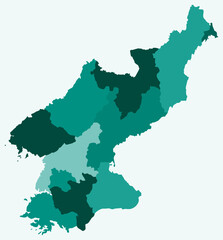 Map of Dem. Rep. Korea with regions. Just a simple country border map with region division. Teal color palette. Blank Democratic People's Republic of Korea shape with administrative division.