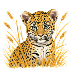Watercolor illustration of a leopard cub in tall golden wheat grass