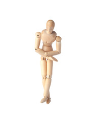 A Wooden dummy with crossed arms on its stomach, expressing pain. A Poseable figure and Articulated mannequin capture a moment of discomfort, perfect for artists and creating emotional,