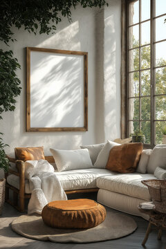 Salon cosy avec canap&eacute; d&rsquo;angle beige, coussins assortis, pouf ocre et verdure dans une pi&egrave;ce lumineuse avec grande fen&ecirc;tre