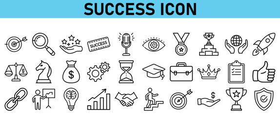 Success line icon set. Contains icons Award, Trophy, Medal, Crown, Winners Podium, Congratulating, Certificate. Vector Icons collection