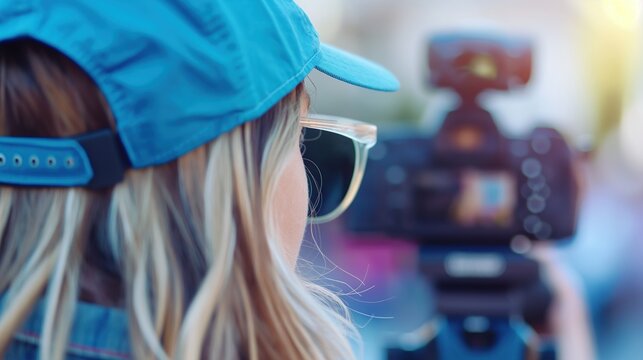 Behind the scenes of female videographer filming outdoors image closeup. Filmmaking gear. Sunglasses woman vlogger close-up photography. Content creator concept photo realistic