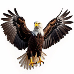 Obraz premium majestic bald eagle soaring through the air with its wings spread wide, its white head and tail feathers contrasting against its dark brown body. 