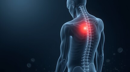 Digital of human back pain human spine focusing on the thoracic area, accentuated with a red glow to illustrate pain or inflammation