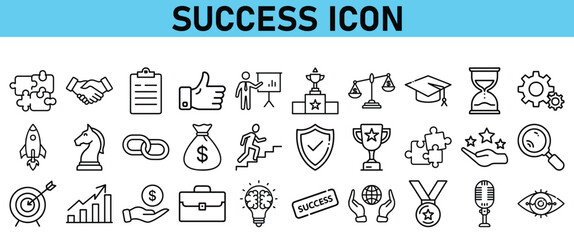Success line icon set. Contains icons Award, Trophy, Medal, Crown, Winners Podium, Congratulating, Certificate. Vector Icons collection