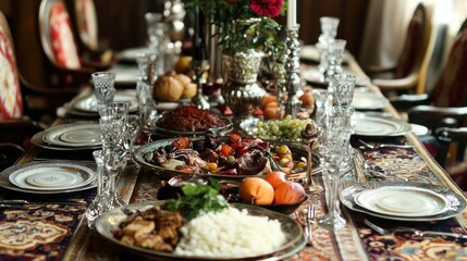 Elaborate Dinner Table Setting with Food and Silverware Close-up